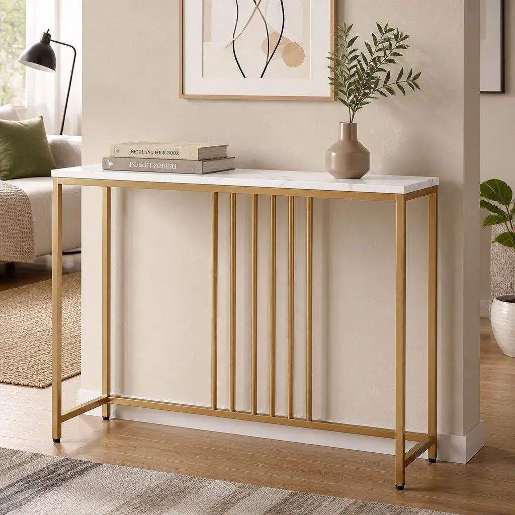 Console Table Hallway Narrow Entryway Sofa Side Marble Effect Gold Frame Modern