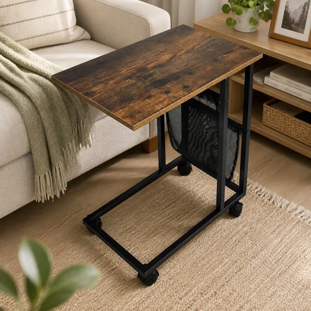 Side Table Brown and Black Industrial Style Mobile Coffee Table with Mesh Storage and Lockable Castor Wheels