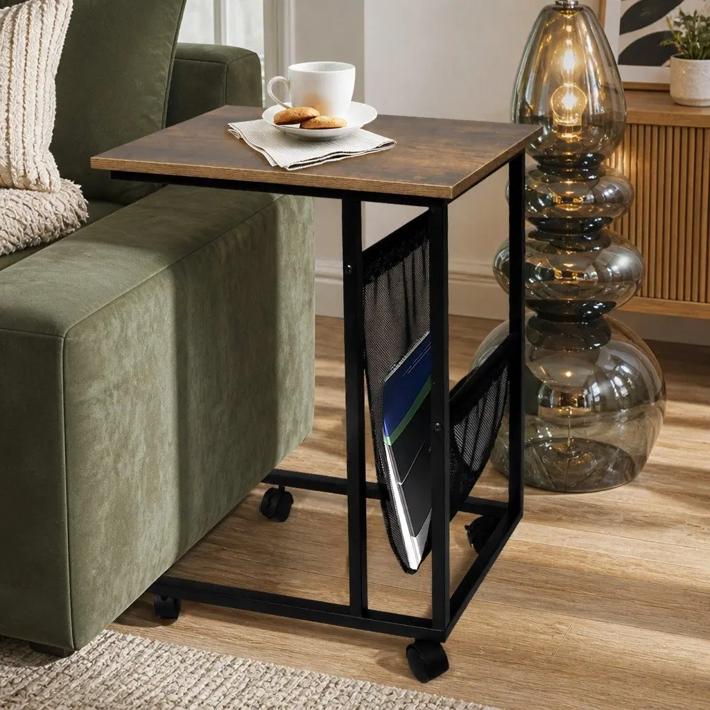 Side Table Brown and Black Industrial Style Mobile Coffee Table with Mesh Storage and Lockable Castor Wheels