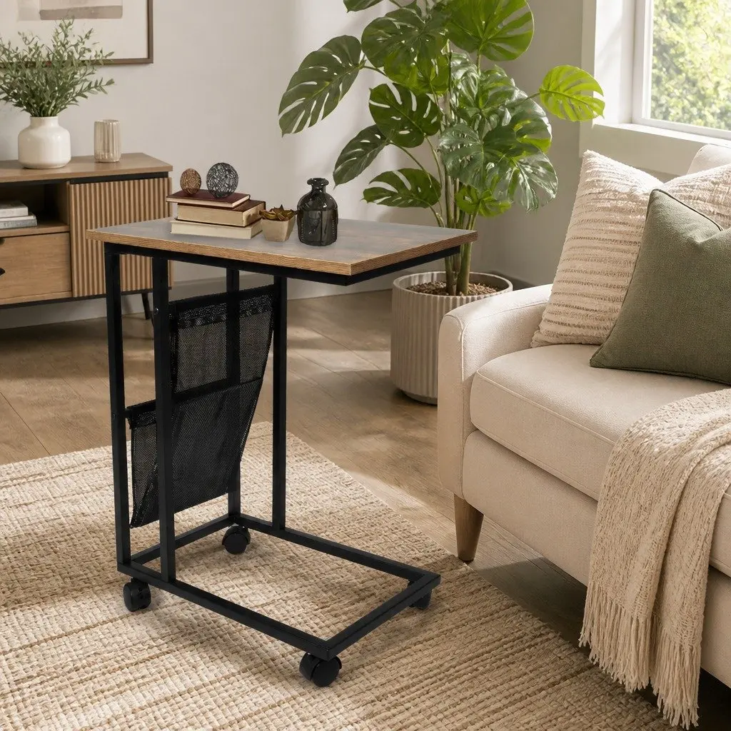 Side Table Brown and Black Industrial Style Mobile Coffee Table with Mesh Storage and Lockable Castor Wheels