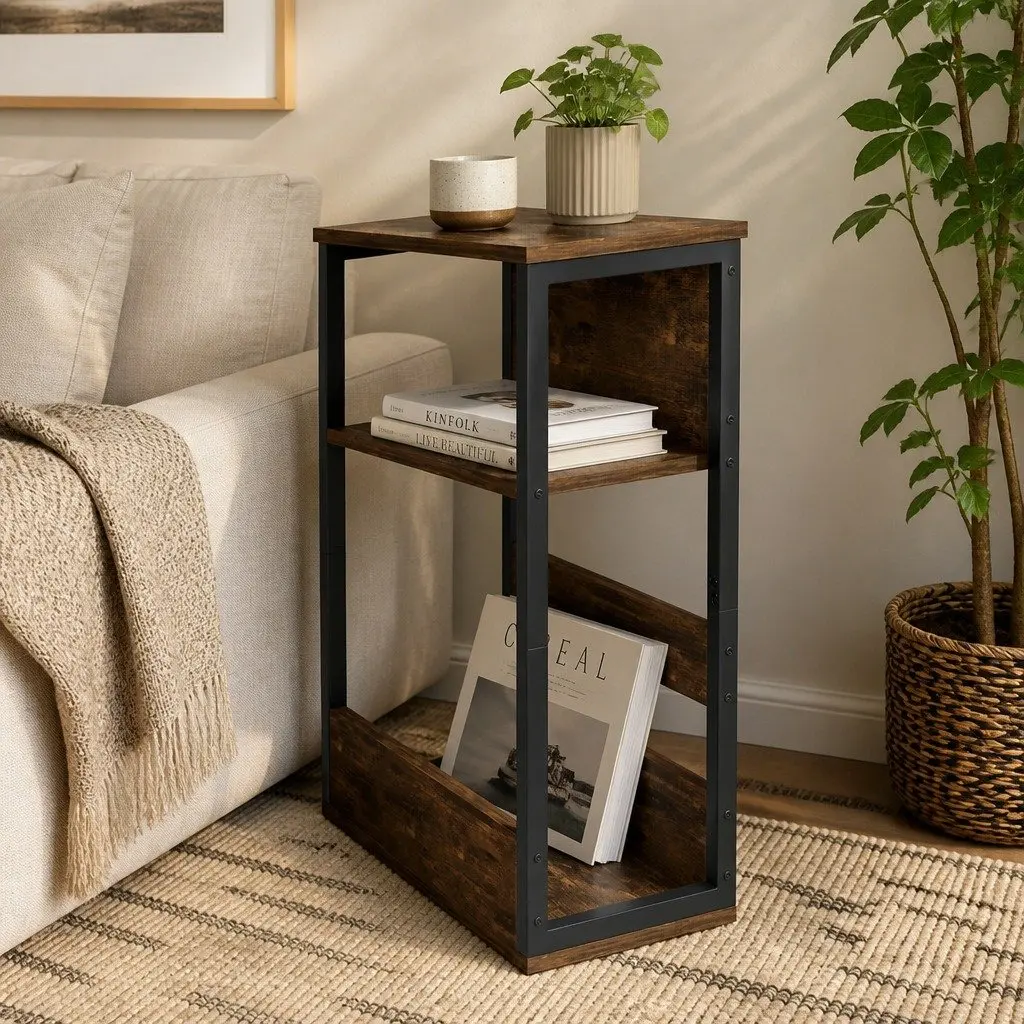 3-Tier Side Table Metal Frame Wood Top Living Room End Table Sofa Coffee Accent