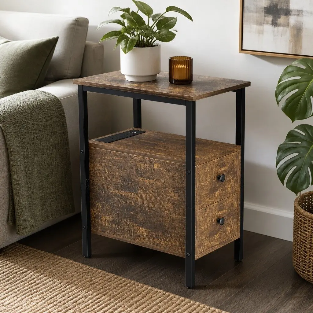 Side Table with USB Ports and Drawers