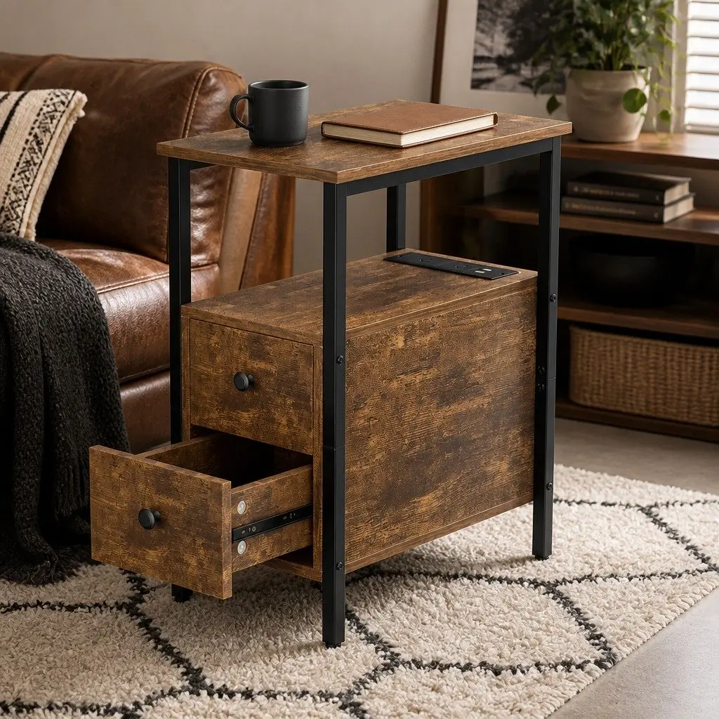 Side Table with USB Ports and Drawers