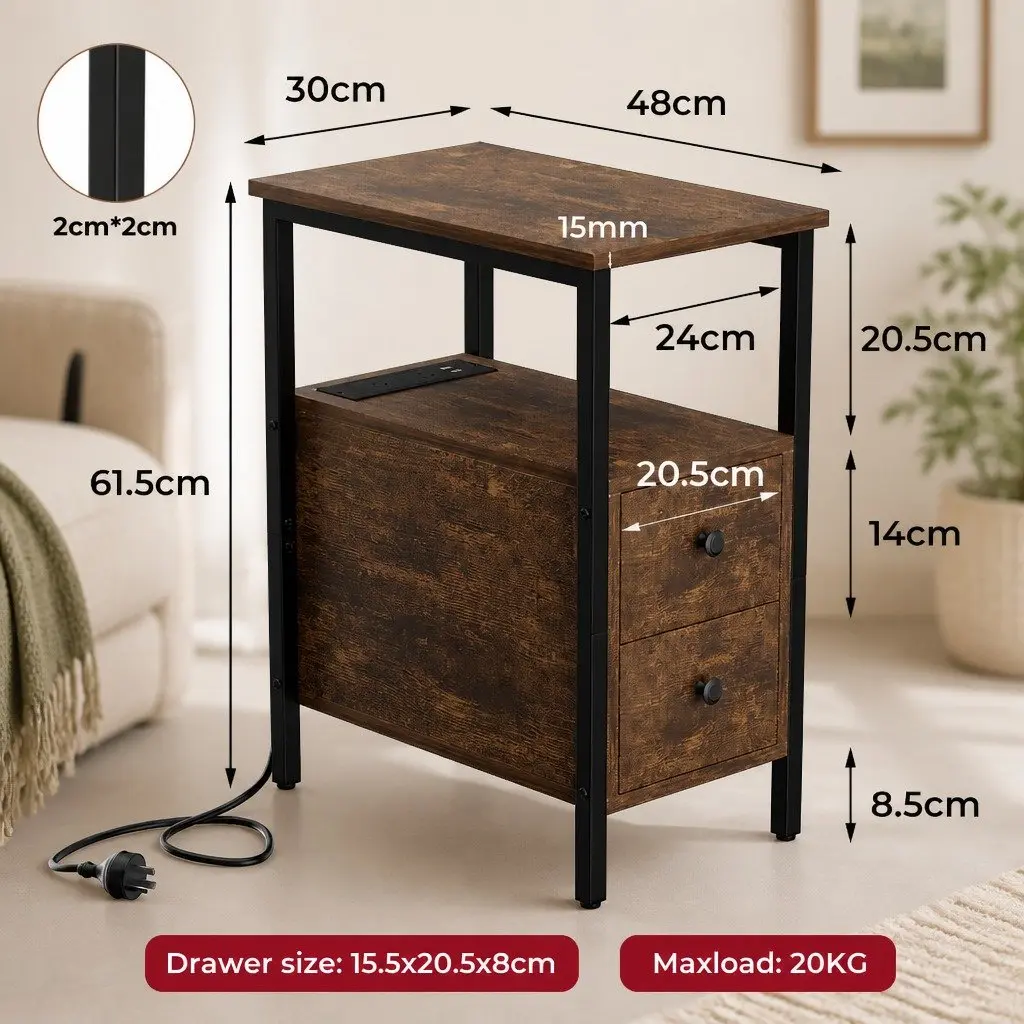 Side Table with USB Ports and Drawers