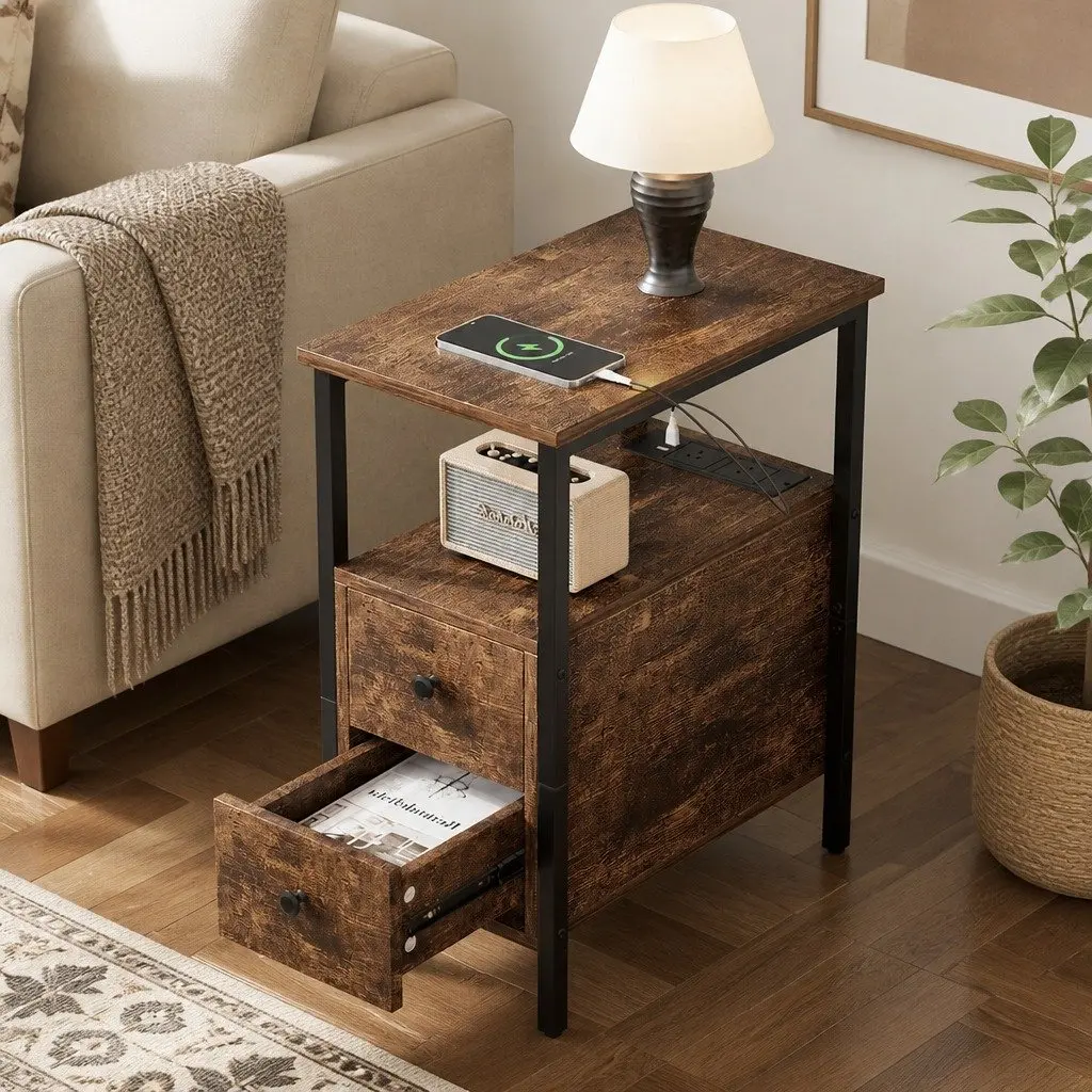 Side Table with USB Ports and Drawers