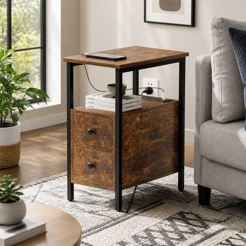 Side Table with USB Ports and Drawers
