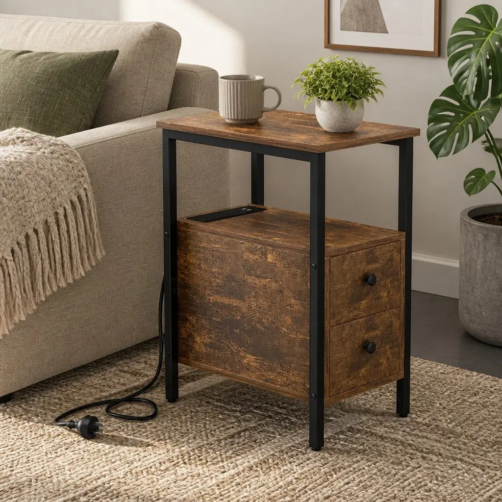 Side Table with USB Ports and Drawers