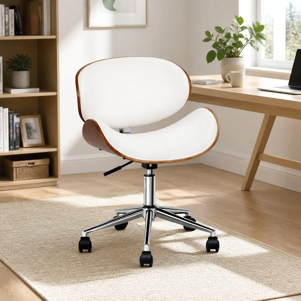 Office Chair White PU Leather Seat Wooden Frame Swivel Adjustable Height