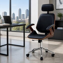 Wooden Office Chair Black Leather Seat Swivel Height Adjustable Ergonomic Desk