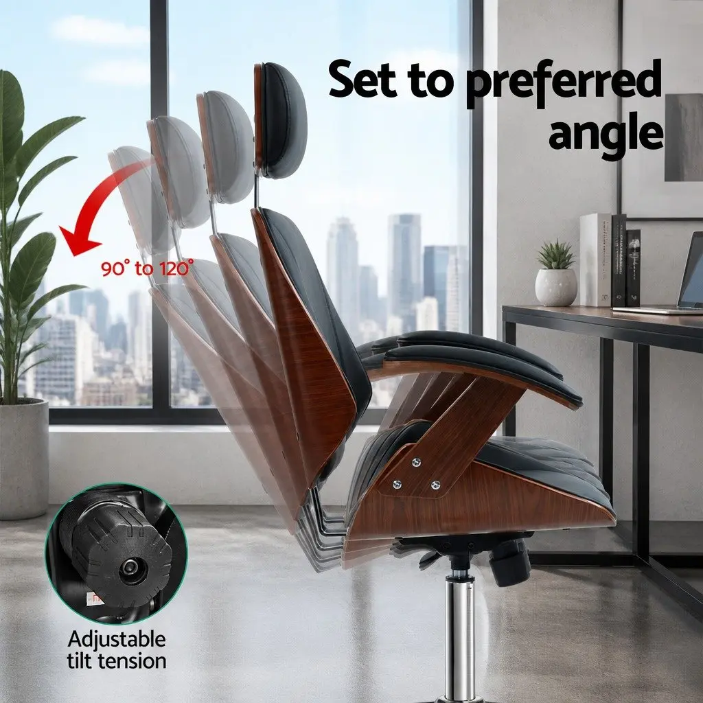 Office Chair Black Wooden Frame Ergonomic Swivel Height Adjustable PU Leather Seat
