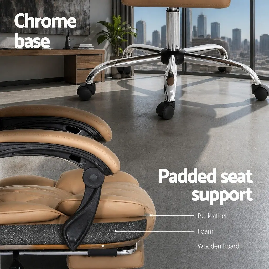 Brown Leather Executive Office Chair High-Back Swivel Recliner with Footrest and Adjustable Height