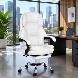 White Executive Office Chair with Footrest High-Back Reclining Desk Seat