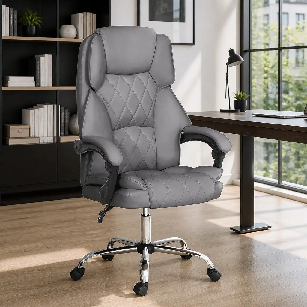 Executive Office Chair Grey High Back Recliner with Adjustable Armrests and Retractable Footrest
