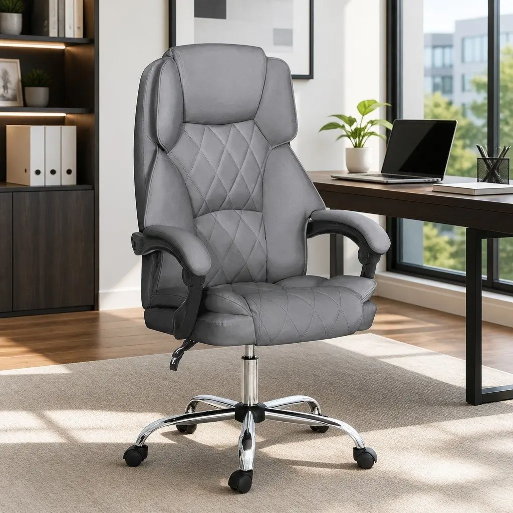 Executive Office Chair Grey High Back Recliner with Adjustable Armrests and Retractable Footrest