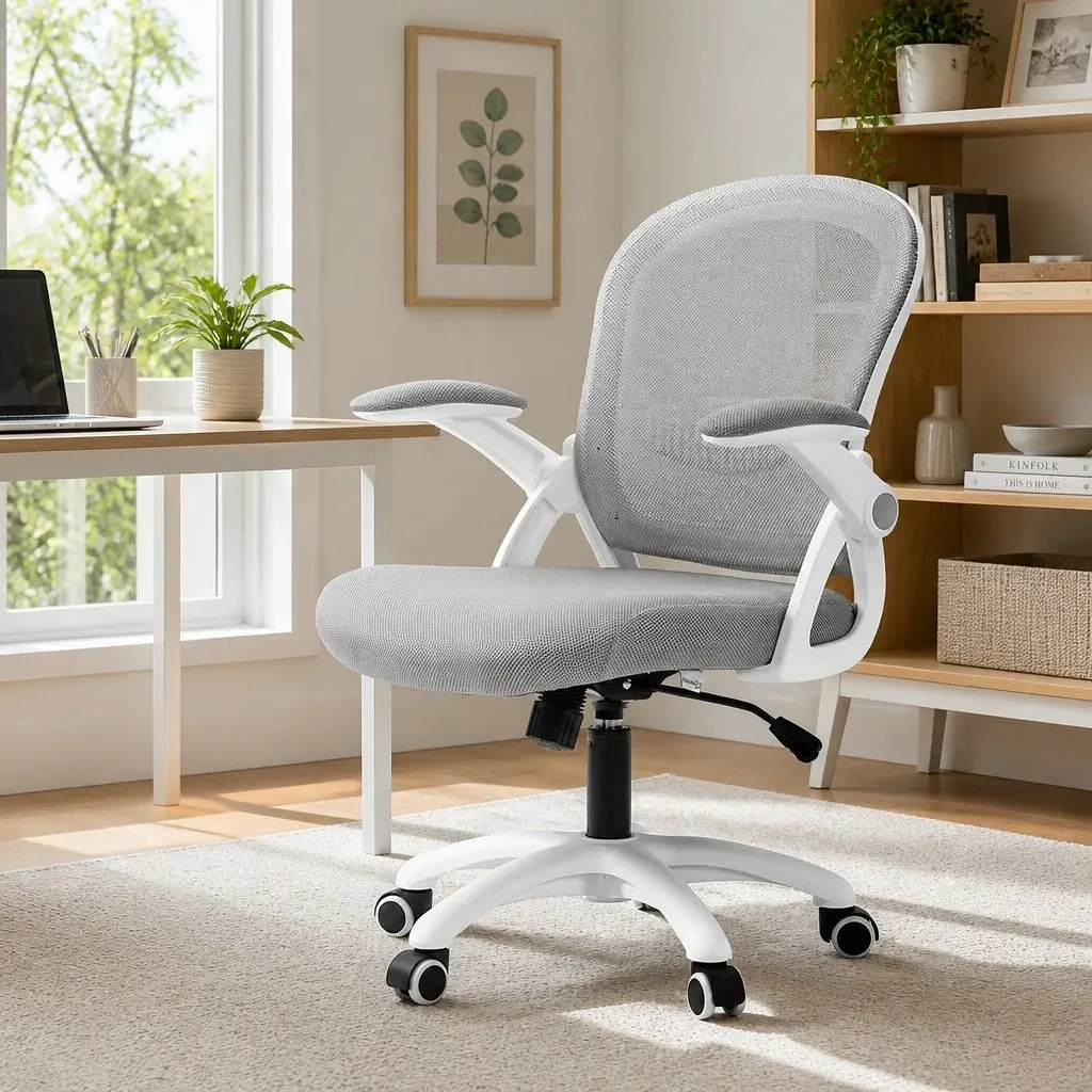 Mesh Office Chair Grey Mid Back Adjustable Height Gas Lift 360 Swivel Tilt