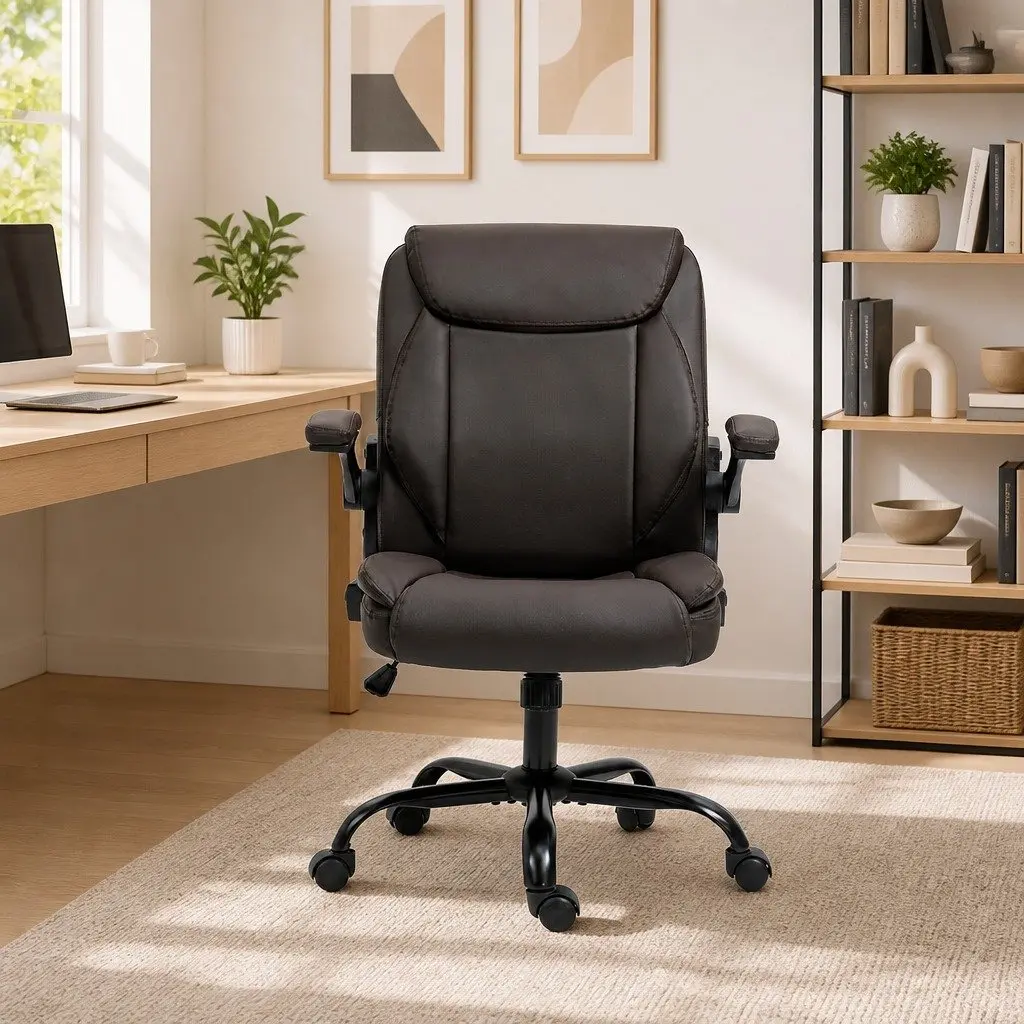 Office Chair Brown Mid Back Adjustable Height Tilt Swivel