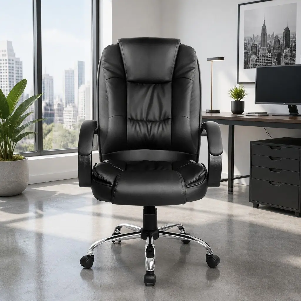 Executive Office Chair Black High Back Tilt Swivel PU Leather Padded Seat