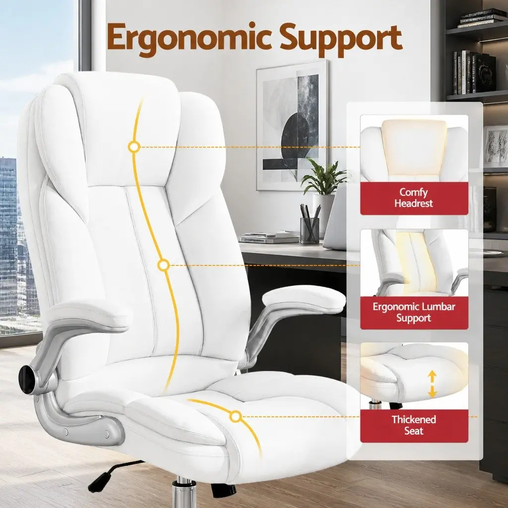 High Back Office Chair White Leather Gas Lift with Tilt Swivel and Lumbar Support