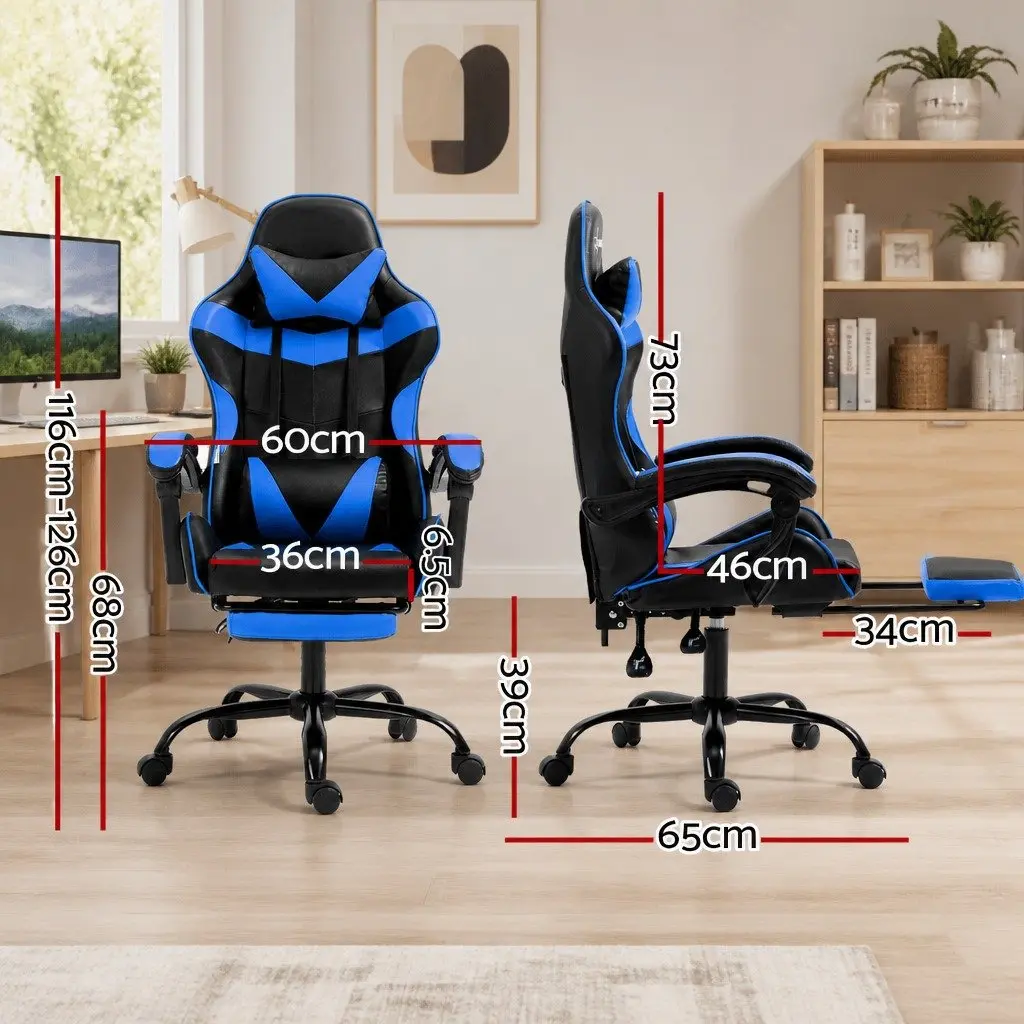 Gaming Office Chair Black and Blue High-Back Adjustable Recliner with Footrest