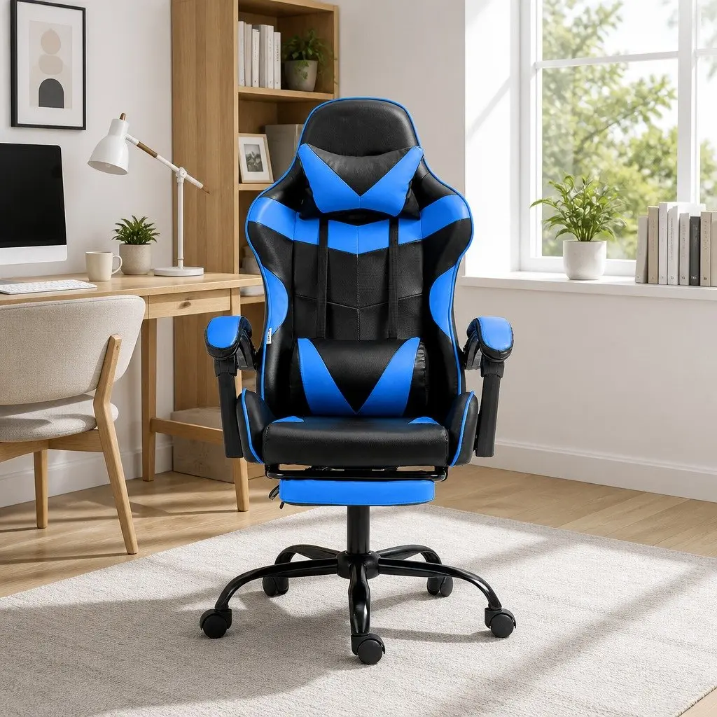 Gaming Office Chair Black and Blue High-Back Adjustable Recliner with Footrest