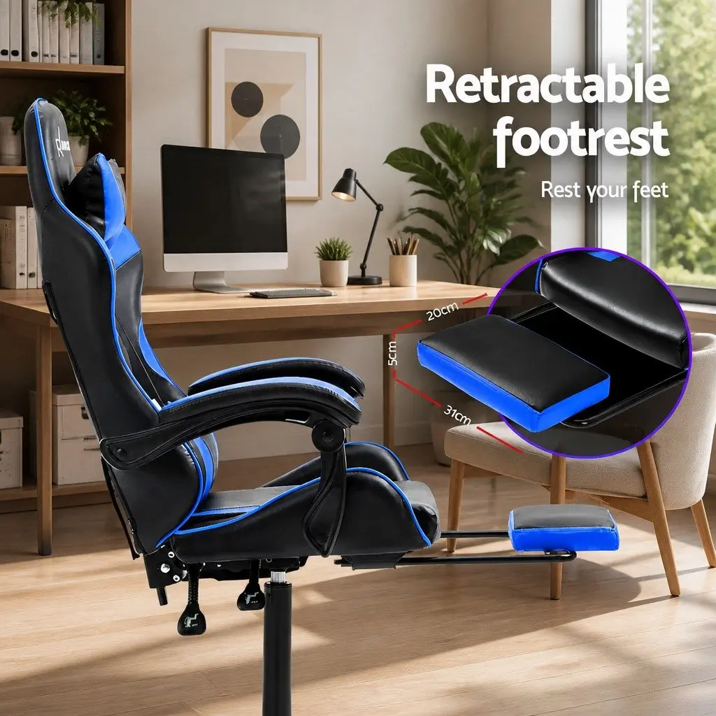 Gaming Office Chair Black and Blue High-Back Adjustable Recliner with Footrest