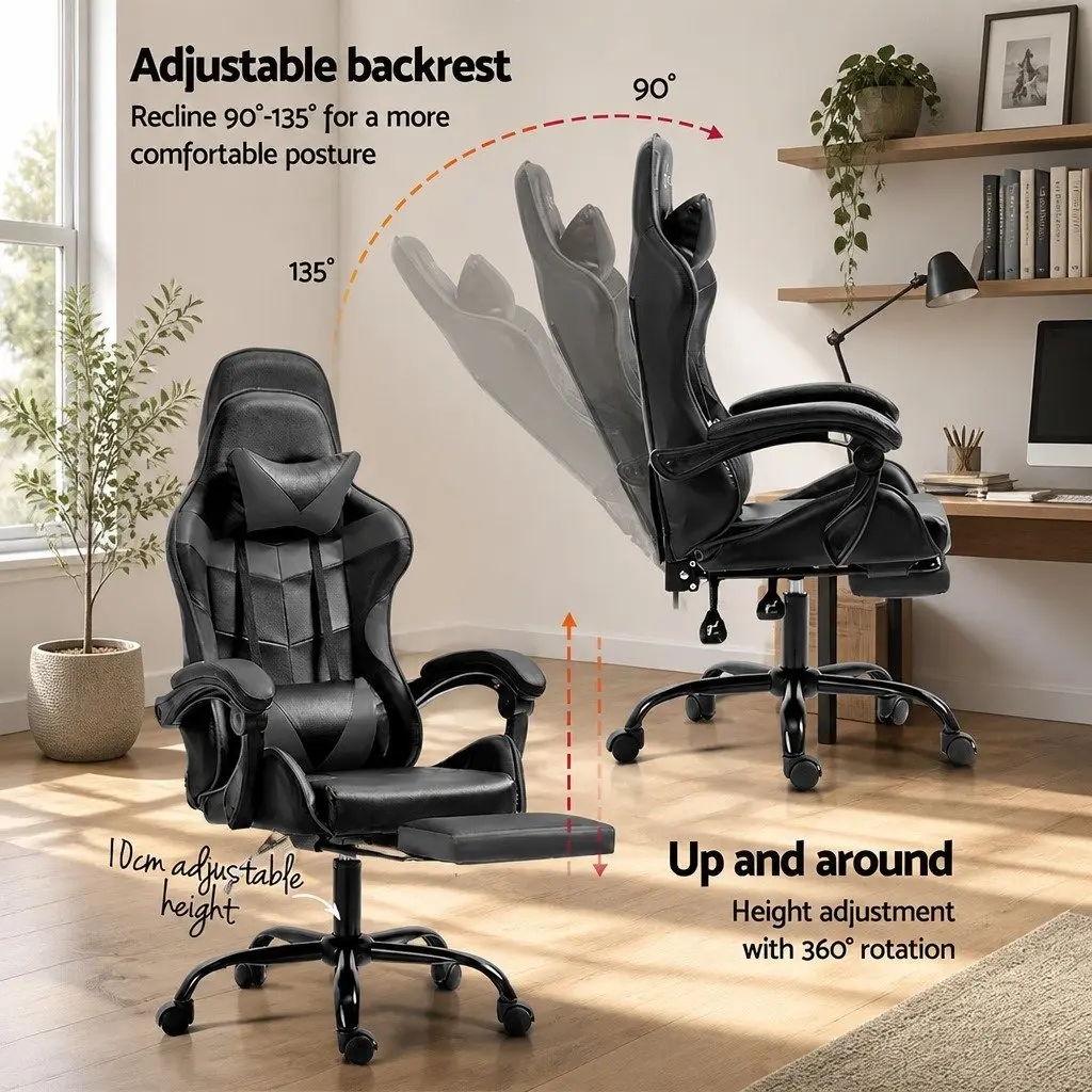 Gaming Office Chair Executive Computer Leather Footrest Recliner Black Grey
