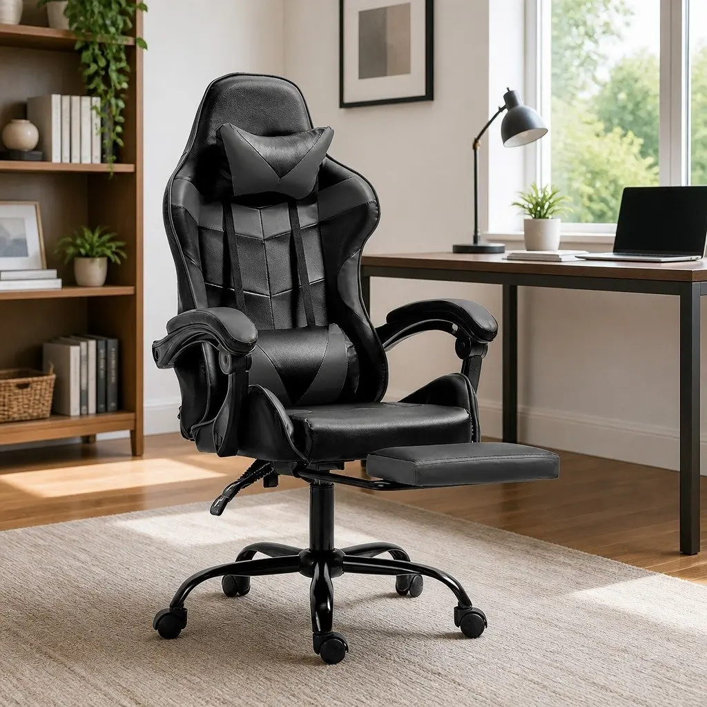Gaming Office Chair Executive Computer Leather Footrest Recliner Black Grey