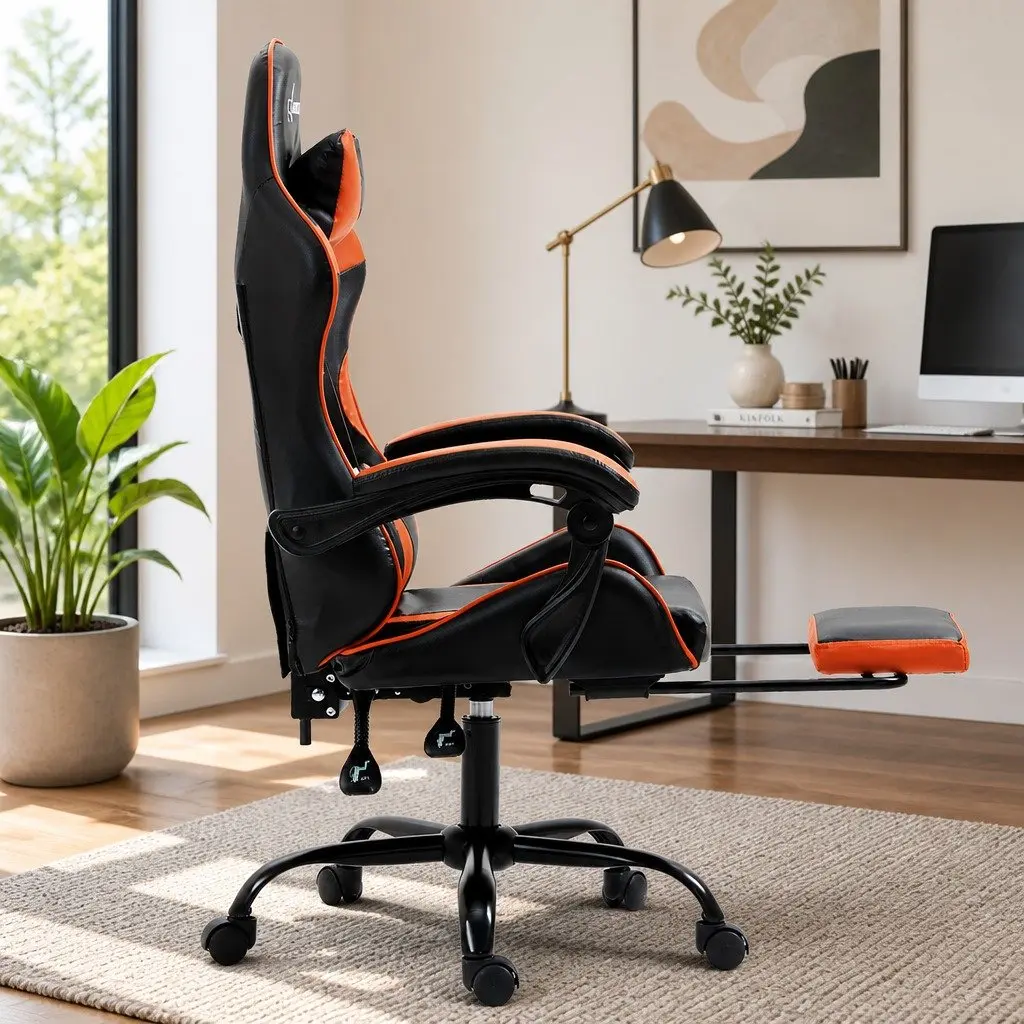 Gaming Office Chair Orange High-Back Recliner with Footrest and Adjustable Height