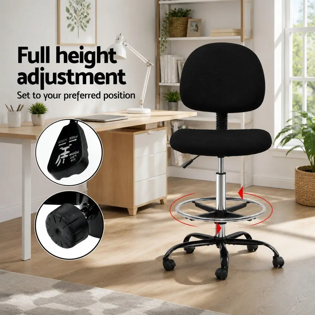 Drafting Chair Black Fabric Mid Back Adjustable Height Rotatable with Footrest