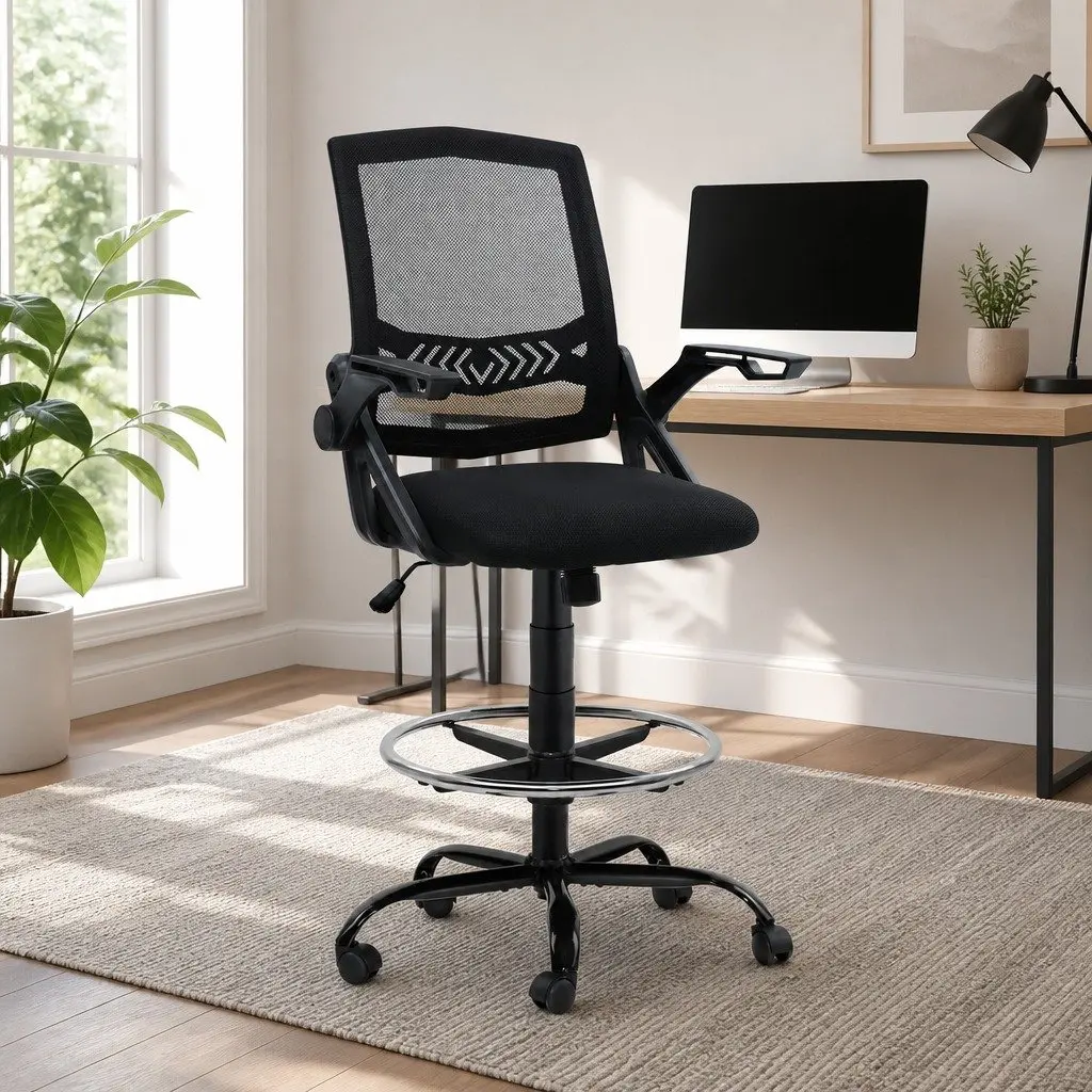 Drafting Stool Office Chair Black Adjustable Height Mesh Backrest Padded Seat