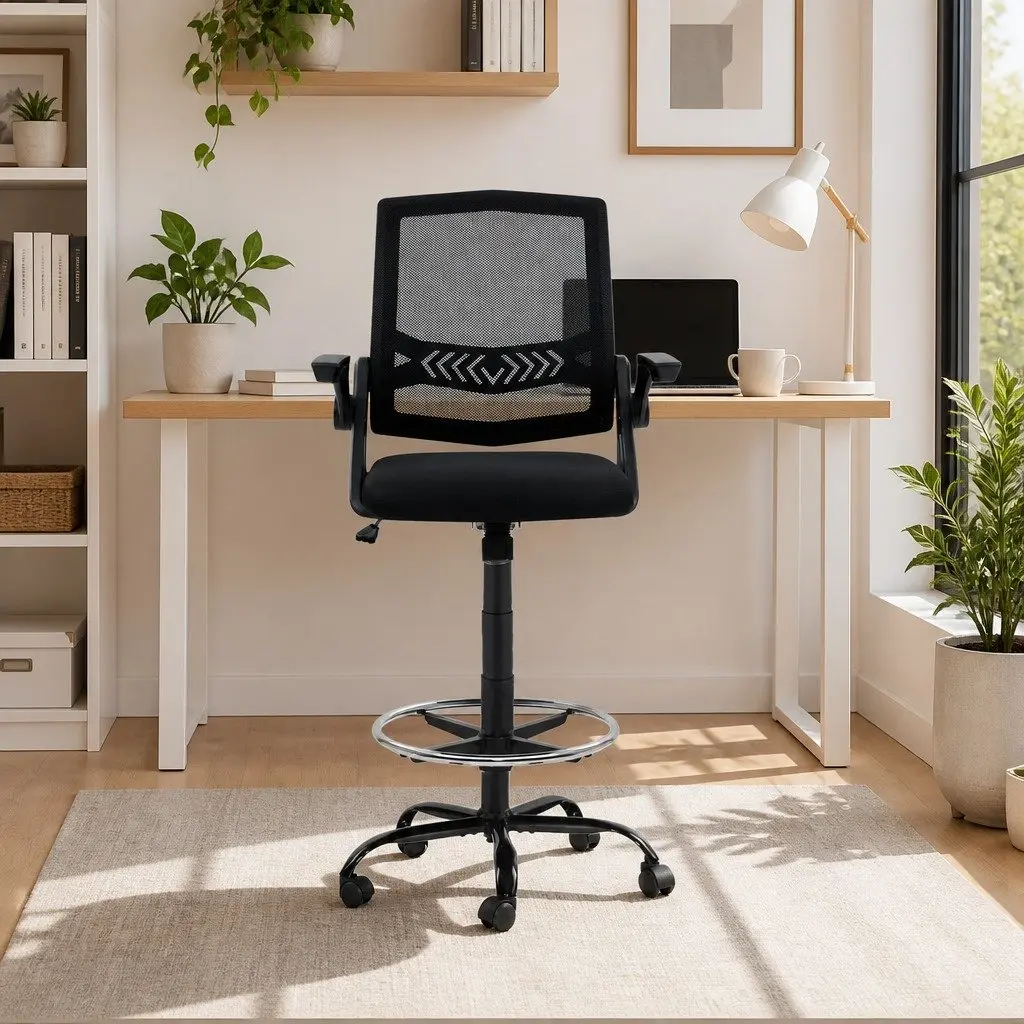 Drafting Stool Office Chair Black Adjustable Height Mesh Backrest Padded Seat