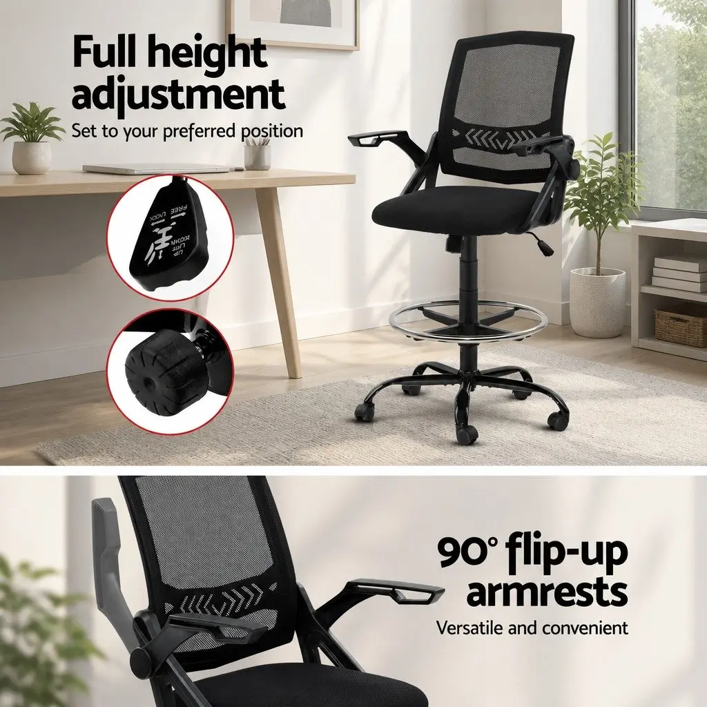 Drafting Stool Office Chair Black Adjustable Height Mesh Backrest Padded Seat