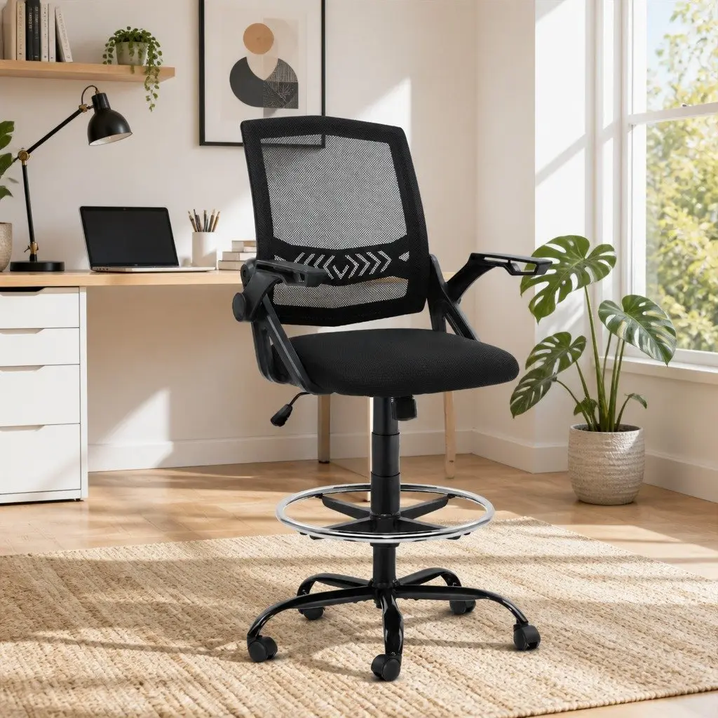 Drafting Stool Office Chair Black Adjustable Height Mesh Backrest Padded Seat