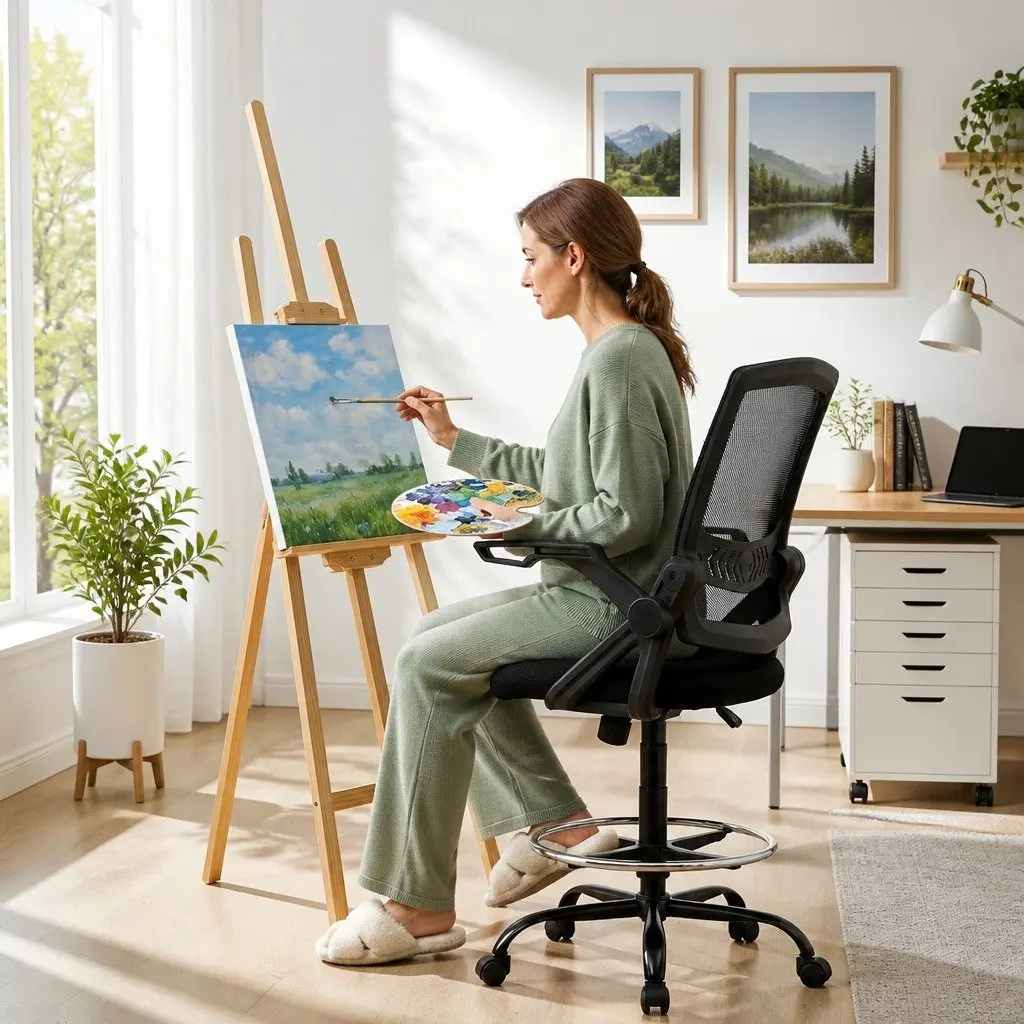 Drafting Stool Office Chair Black Adjustable Height Mesh Backrest Padded Seat