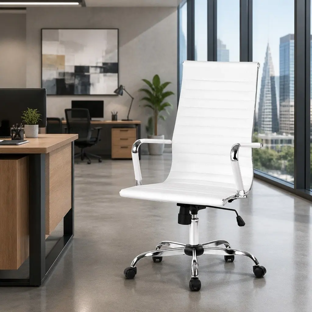 Office Chair White High Back PU Leather Swivel Seat