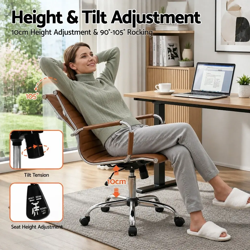 Office Chair Brown Mid Back PU Leather Adjustable Height Tilt Rotation