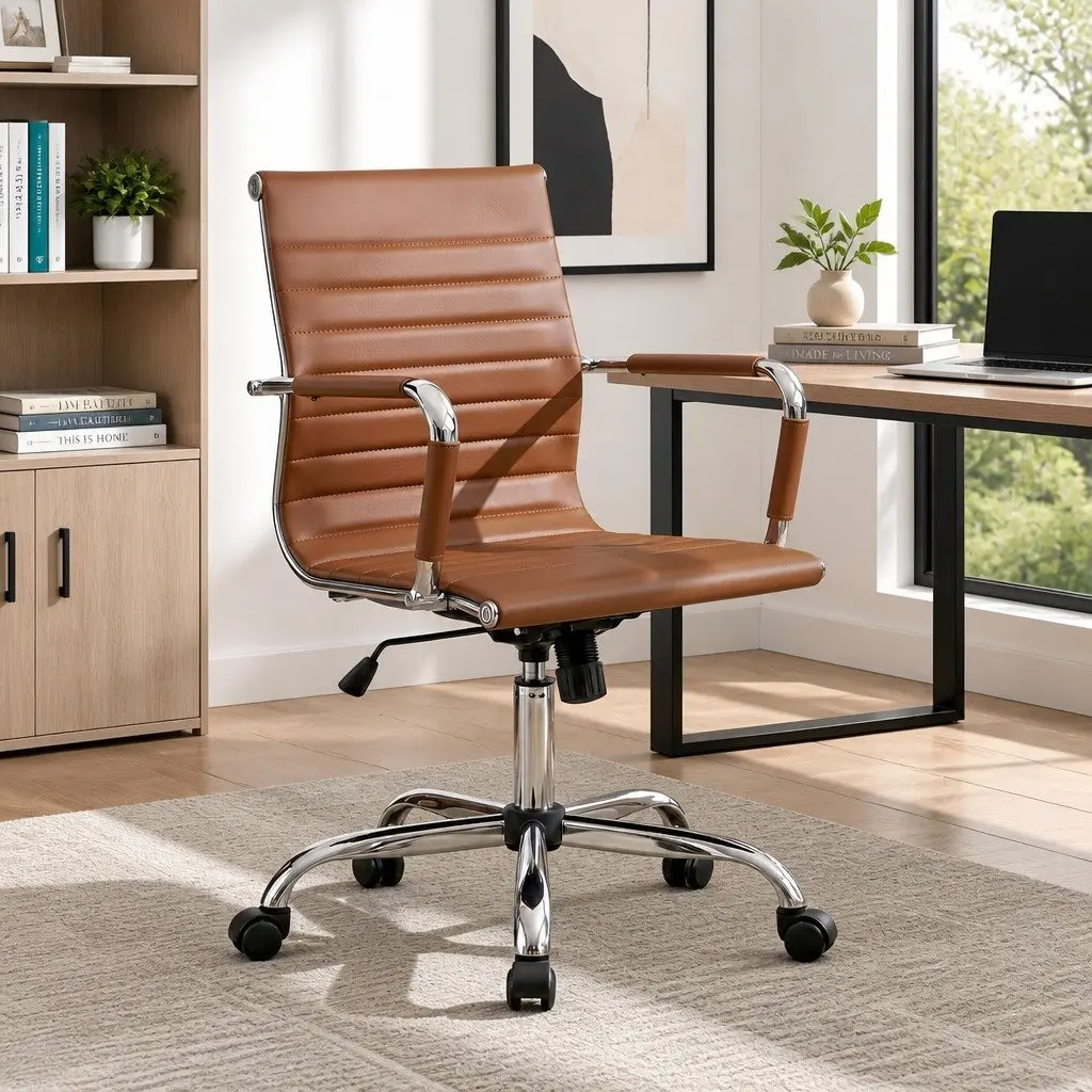 Office Chair Brown Mid Back PU Leather Adjustable Height Tilt Rotation