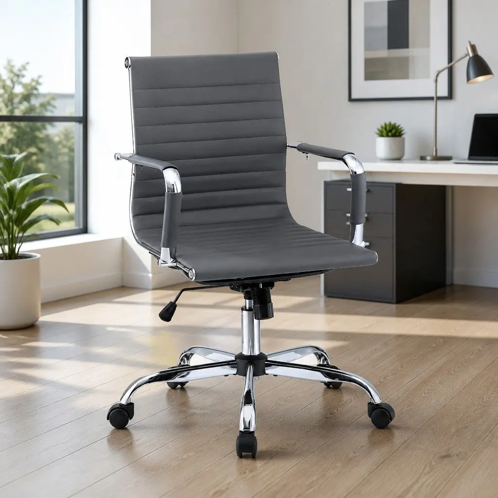 Office Chair Grey Mid Back 360 Rotatable PU Leather Executive Desk