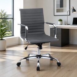 Office Chair Conference Mid Back Rotatable 360 Grey PU Leather Executive Desk
