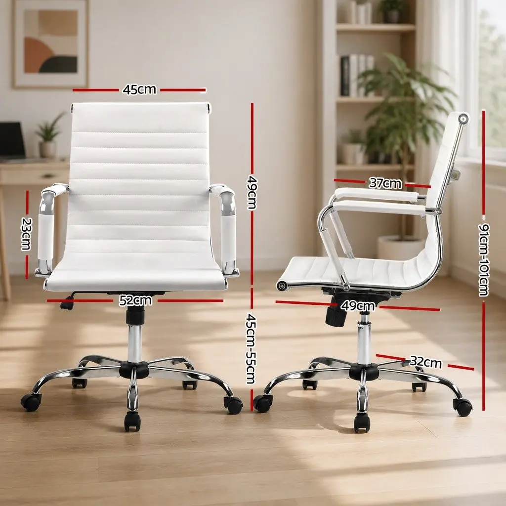 Office Chair White Mid Back PU Leather Swivel 360 Degree Height and Tilt Adjustable