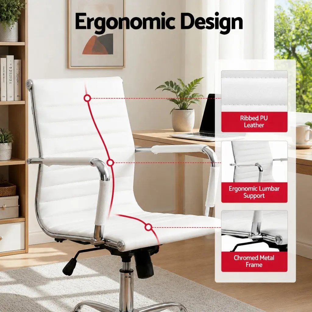 Office Chair White Mid Back PU Leather Swivel 360 Degree Height and Tilt Adjustable