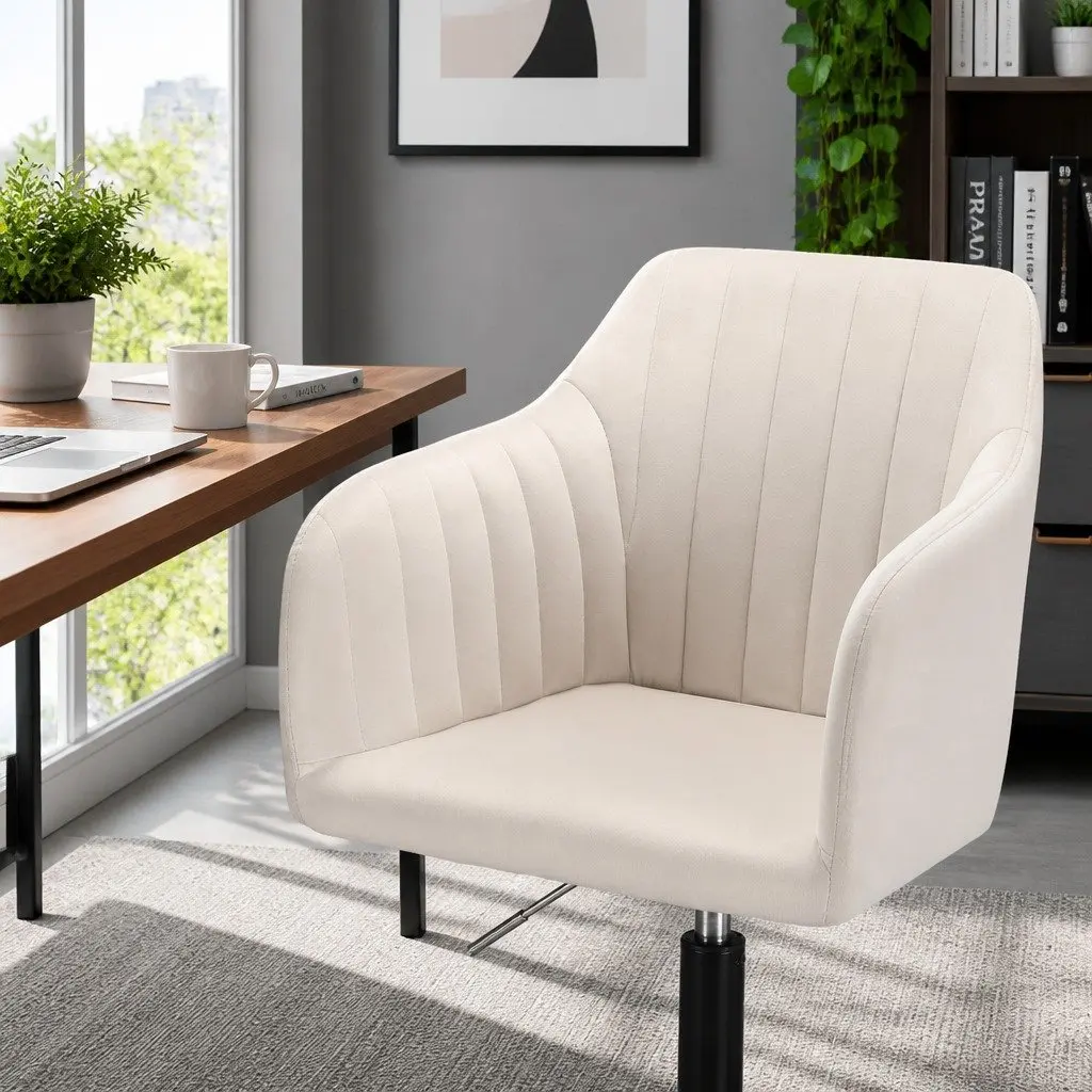 Office Chair Cream Velvet Mid Back Swivel Adjustable Height with Castors