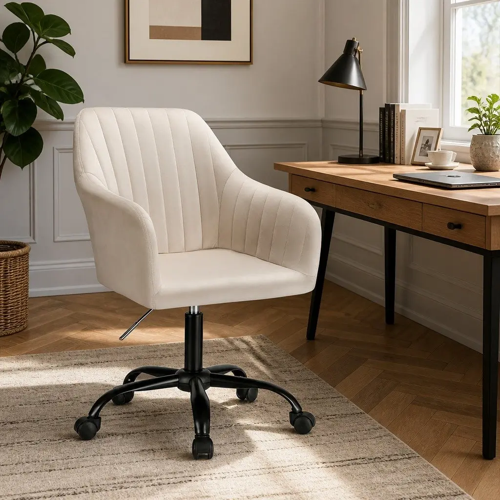 Office Chair Cream Velvet Mid Back Swivel Adjustable Height with Castors