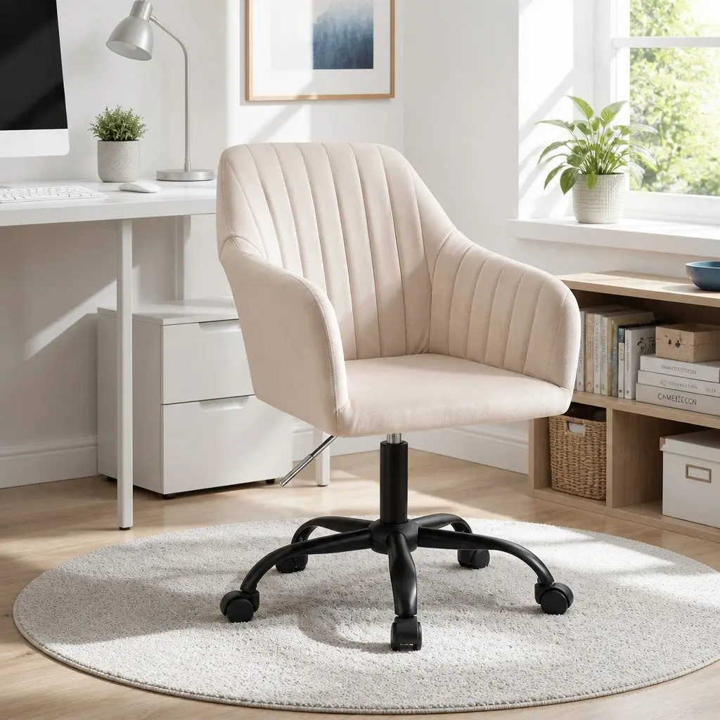 Office Chair Cream Velvet Mid Back Swivel Adjustable Height with Castors