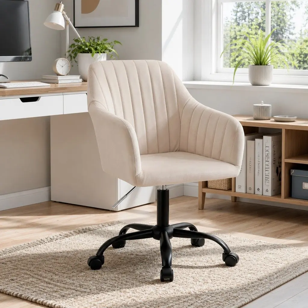 Office Chair Cream Velvet Mid Back Swivel Adjustable Height with Castors