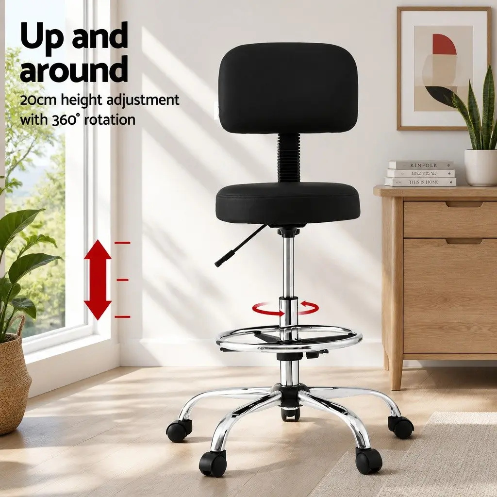 Office Drafting Chair Black Ergonomic PU Swivel Adjustable Height 360-Degree