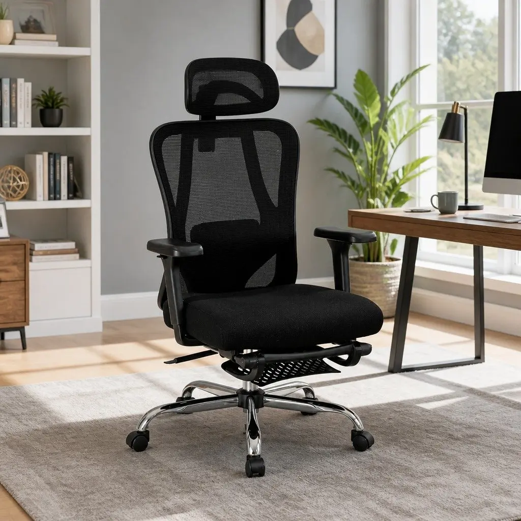 High Back Ergonomic Office Chair Black Mesh Adjustable Lumbar Support Retractable Footrest