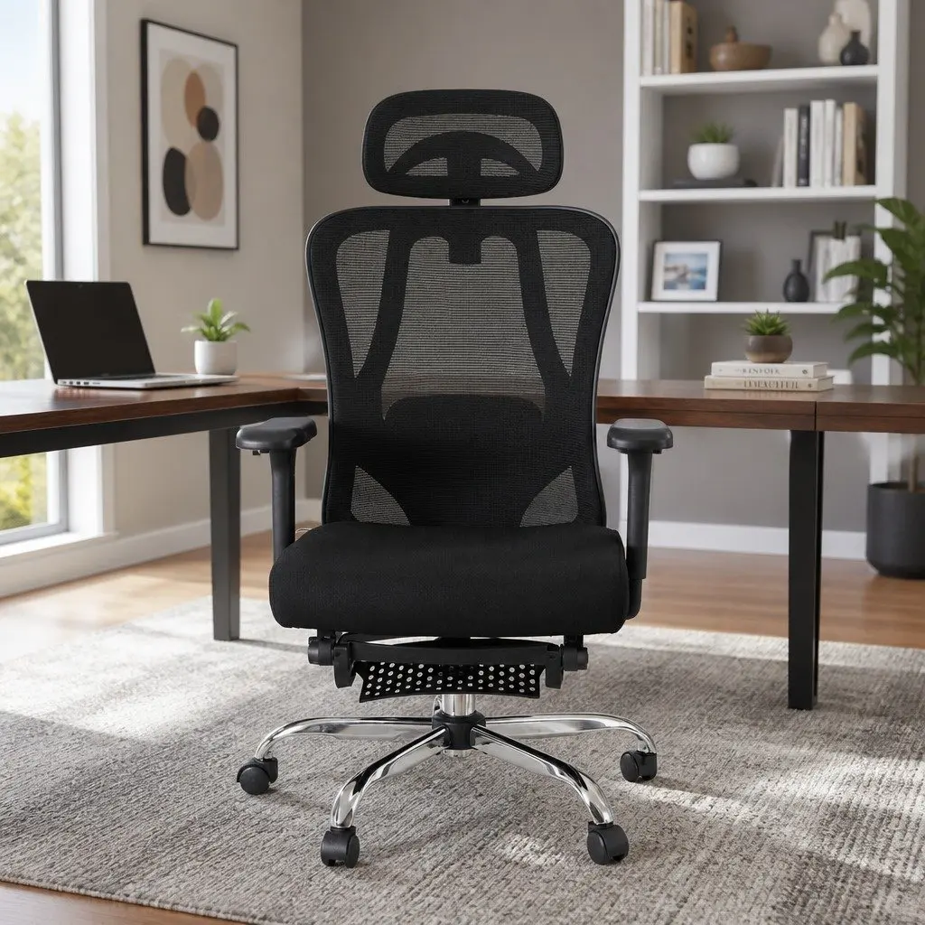 High Back Ergonomic Office Chair Black Mesh Adjustable Lumbar Support Retractable Footrest