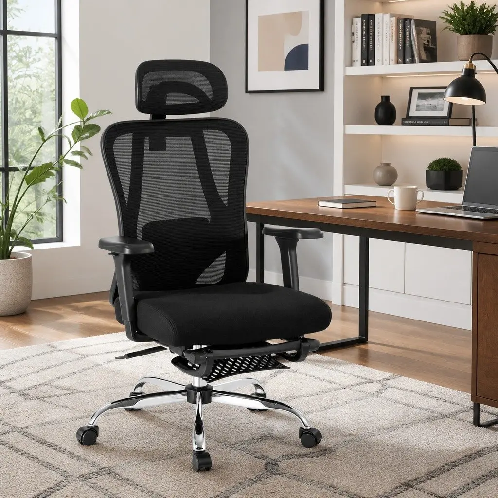 High Back Ergonomic Office Chair Black Mesh Adjustable Lumbar Support Retractable Footrest