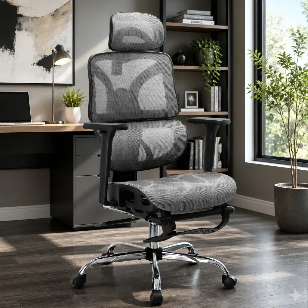 Ergonomic Office Chair Grey High Back Mesh Adjustable Headrest Retractable Footrest Swivel